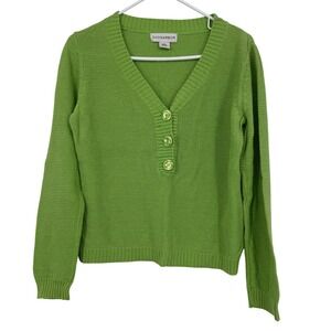 Sag Harbor Womens Chartreuse Green V Neck Button Front Knit Sweater Size Small